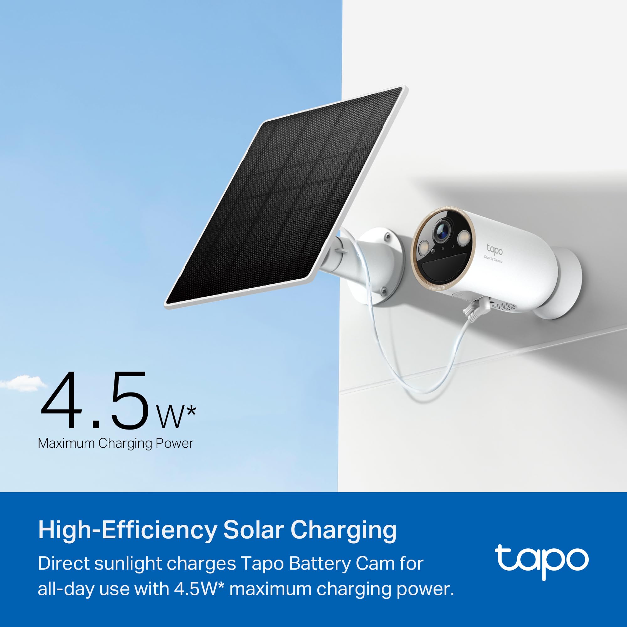 Tapo A202 Solarpanel, Kompatibel mit Allen Tapo-Akkukameras, 4m Typ-C Verlängerungsladekabel, 5V 4,5W, IP65 Wasserdicht, frei Einstellbarer Winkel, USB-C auf Micro-USB Adapter enthalten