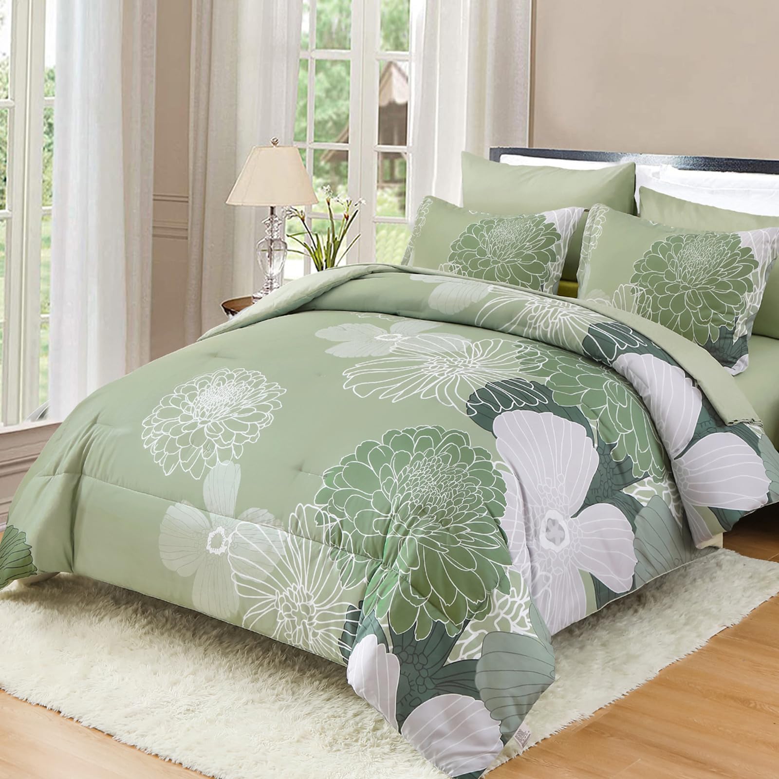Yiran 7 Pieces Bed in a Bag Green Comforter Set Queen Floral Comforter Soft Microfiber Bedding Set with 1 Comforter 1 Flat Sheet 1 Fitted Sheet 2