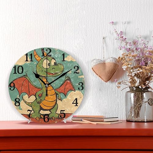 Miniatura 2 de KLL Cartoon Cute Retro Green Dragon 10 Inch Round Battery Operated Wall Clock Silent Creative for School Hotel Kitchen reloj para habitacion