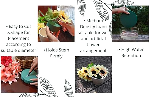 Miniatura 7 de Paquete de 6 bloques de espuma florales redondos FLOFARE para flores frescas y artificiales, cada uno (3 x 1.5 pulgadas), espuma de flores verdes