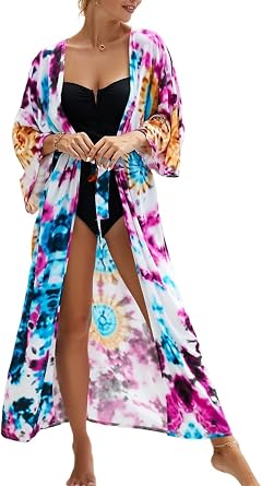 Women Tie Dye Kimono Cardaigan Loose Lightweight Summer Boho Open Front Caftan Sleeve Long Beach Cover Up