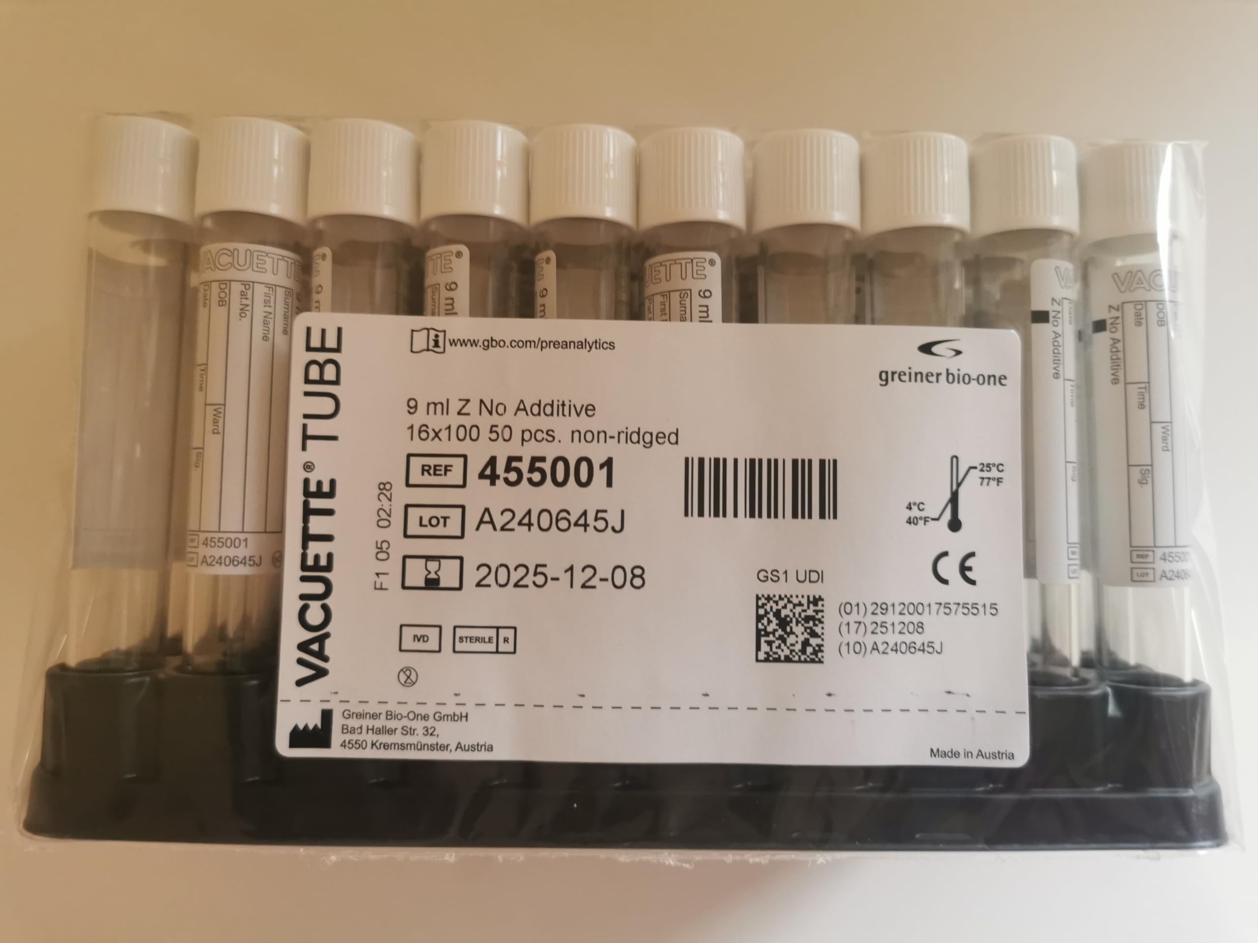 455001A Vacuette 9 mL tubes neutres sans anticoagulant ni activateur (Pack de 50)