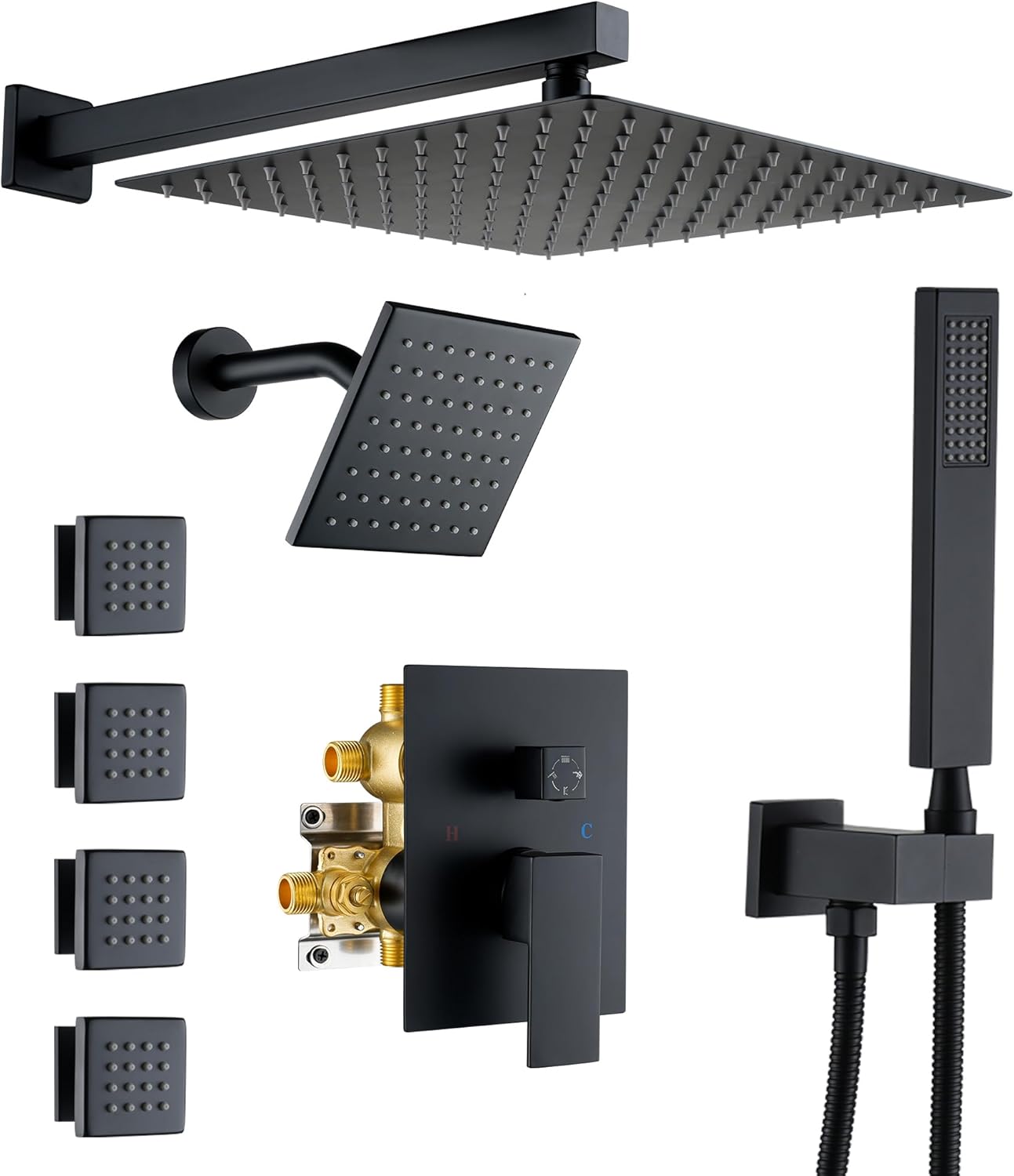 CASAINC 4 Functions Full Body Shower System Wall Mounted Rainfall Shower Set with 12" & 6" Dual Showerheads, Handheld & 4 Body Jets, Matte Black