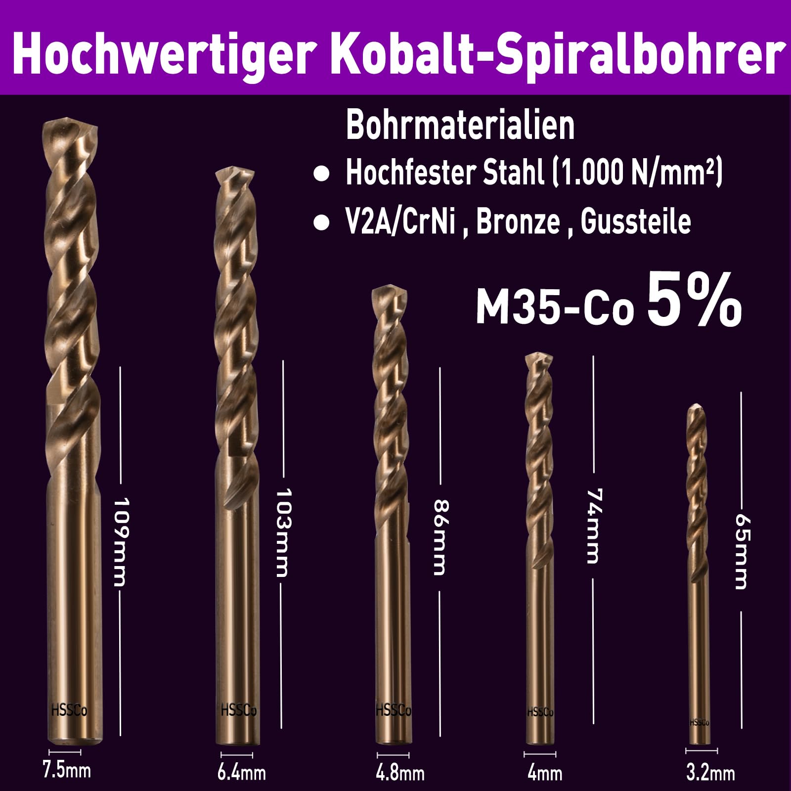 Titanium Professional Coating Screw Extractor 7 Pieces and 5% Cobalt Alloy Twist Drill Bit Pack of 5, Golden, 12-teilig - Image 4