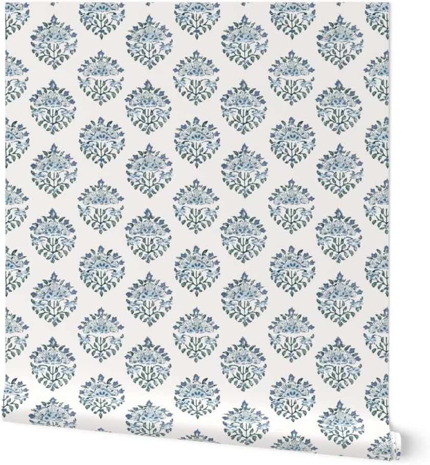 Removable Wallpaper Swatch - Grandmillennial,Block Print,Cornflower,Medallion,Blue,Navy,Classic,Traditional,Blue and Custom Pre-Pasted Wallpaper by Spoonflower