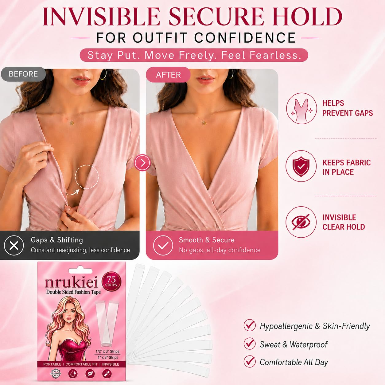 Fashion Tape for Women - 50 Strips 1/2" + 25 Strips 1" Double Sided Tape For Clothes, Skin-Friendly & Residue-Free Body Tape for All-Day Wear, Ideal for Weddings, Dinner Party & Office Clothing