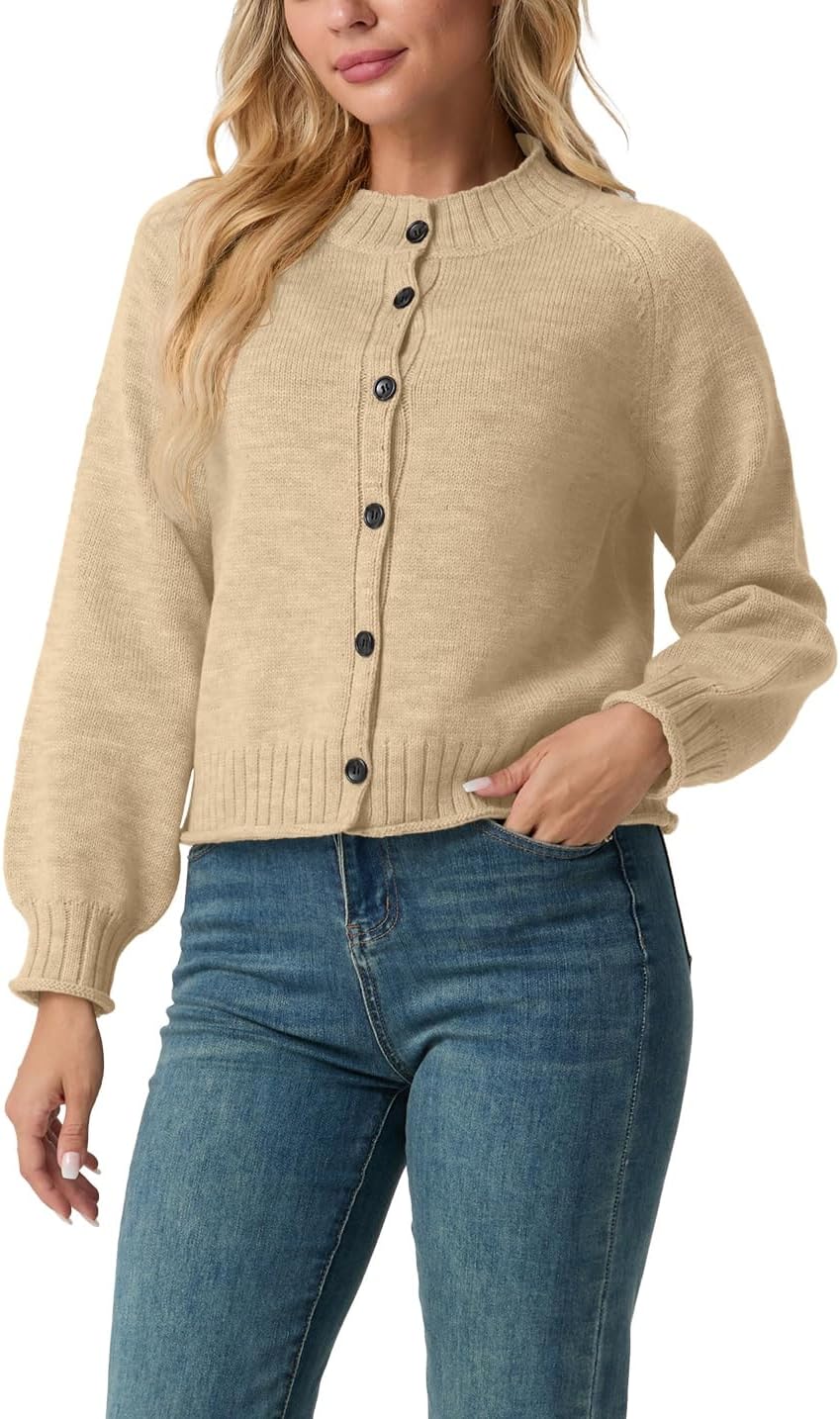 GRECERELLE Women's Open Front Cardigan Sweater, Long Sleeve Crew Neck Button Down Knit Casual Lightweight Cozy, Apricot, Size L - Image 3