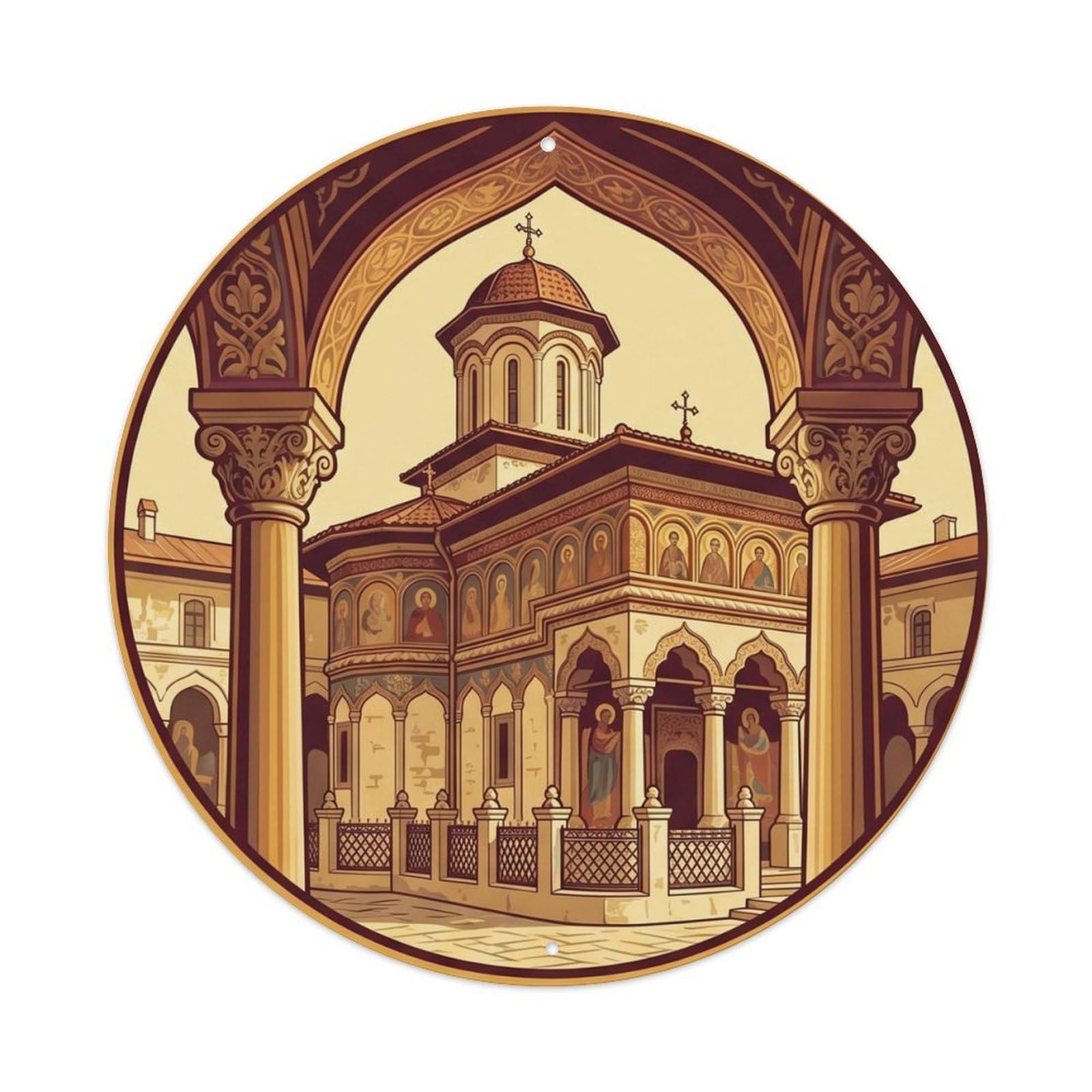 Romanian Landmark Historic Monastery City Europe Classic Metal Tin Sign Plaque Wall Decor for Cafe, Man Cave, Club Bar, Office, Home Garden Round Metal Poster 8x8Inch