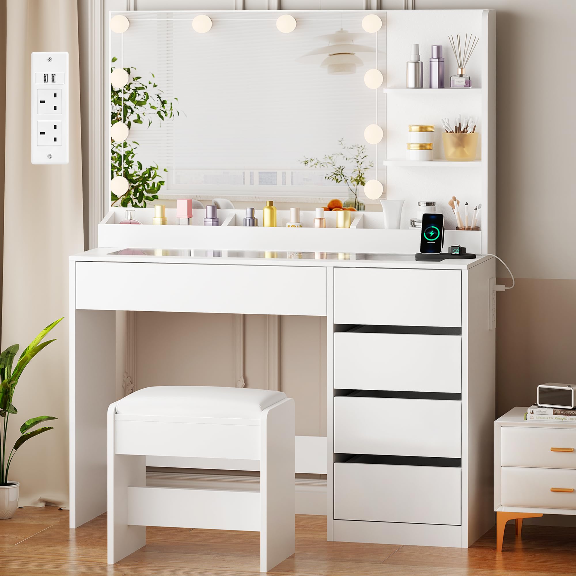 ANWBROAD Dressing Table with Large Mirror and Lights 3-Colour LED Adjustable Brightness Glass Top Vanity Table with Plug and Stool 5 Drawers 5 Open Storage Areas Makeup Desk Bedroom White YBDT74W