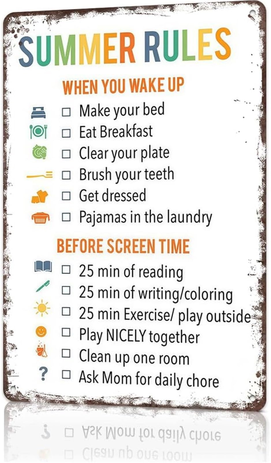 Hdkyswbuej One Color Vintage Summer Rules Sign Visual Schedule For Aluminum Metal Sign Daily Routine Chart For Playroom Room Decor (8 X 12 In)