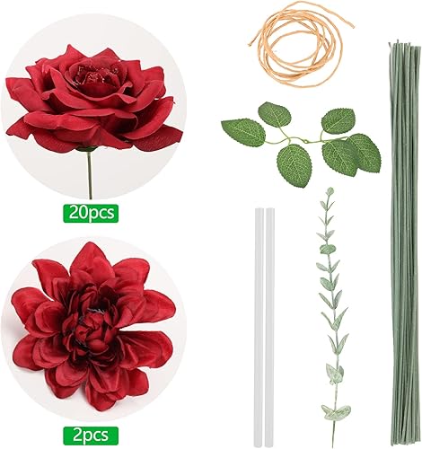Miniatura 5 de Lucky flower Juego de flores artificiales de seda roja polvorienta, caja de rosas falsas para ramos de boda, decoración de mesa de despedida de