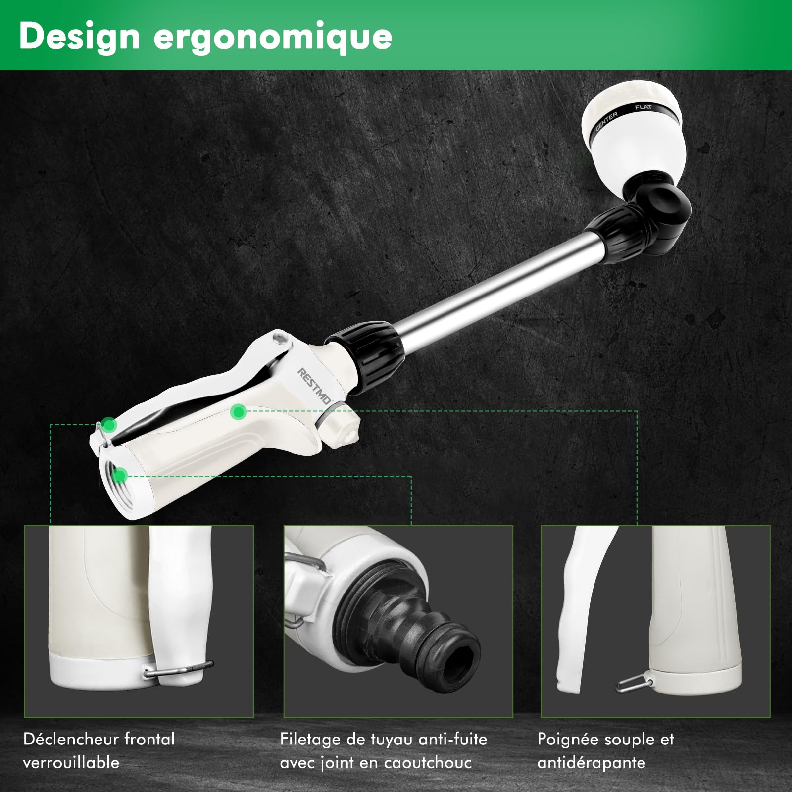RESTMO Arroseur de Jardin en Métal, 42 cm de Long, avec Manche, Tête Pivotante à 180°, avec Contrôle du Débit, 7 Modes de Pulvérisation, Baguette Magique pour Suspensions de Fleurs et Arbustes, Blanc