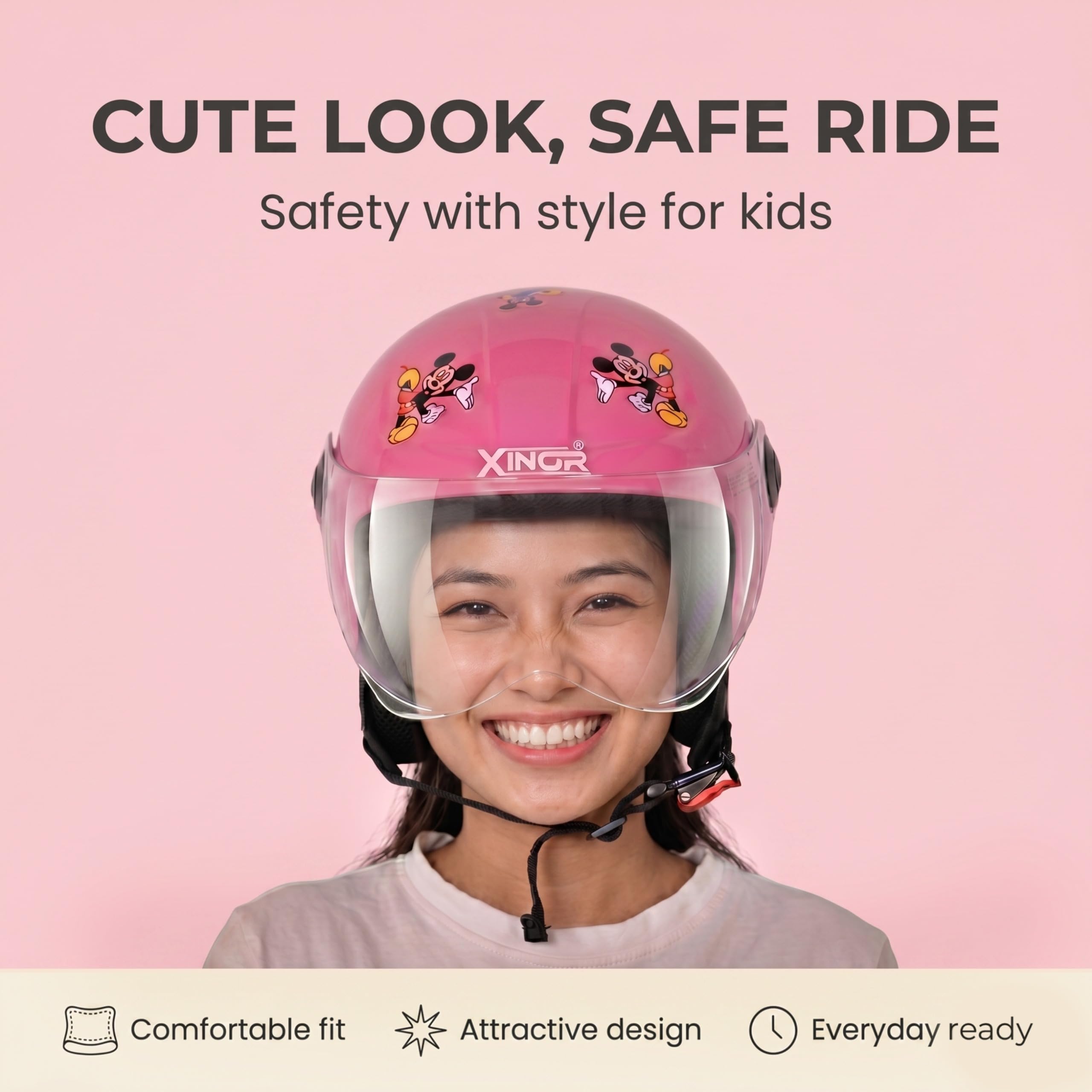 Kids Motorcycle Helmet by Xinor Fogi ISI Certified Ages 6-14 Years with Design - XS (Pink) 2