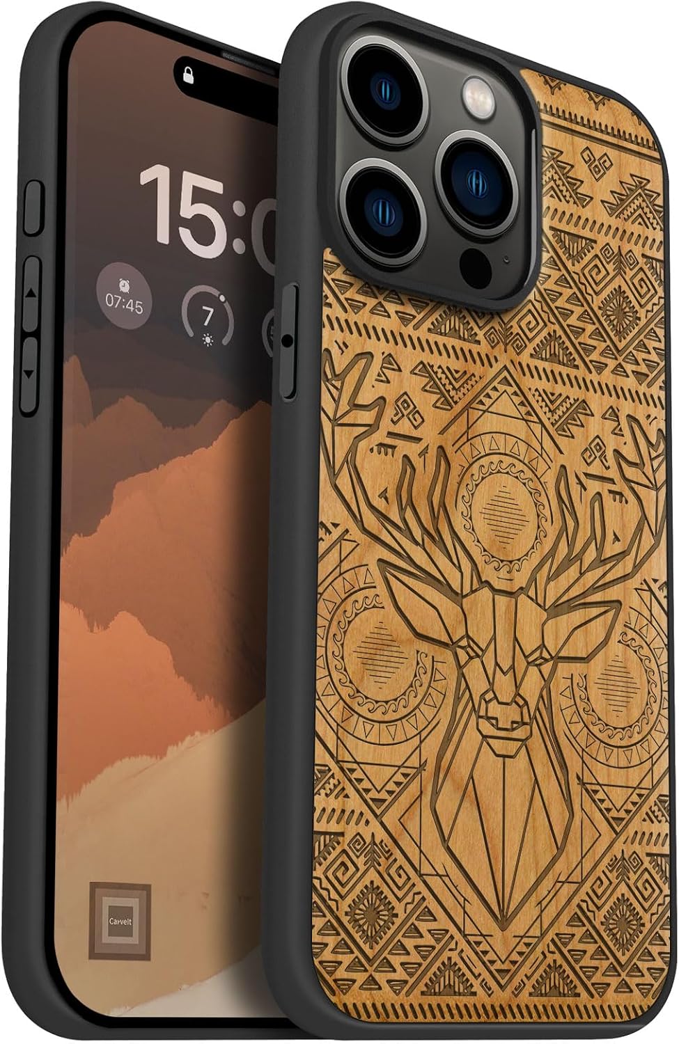 Carveit Magnetic Wooden Case for iPhone 15 Pro Max Case, Compatible with MagSafe Wireless Chargers, Black Soft TPU Shockproof Cover & Wood Artisan Engraved (Aztec Geometric Deer) - Cherry