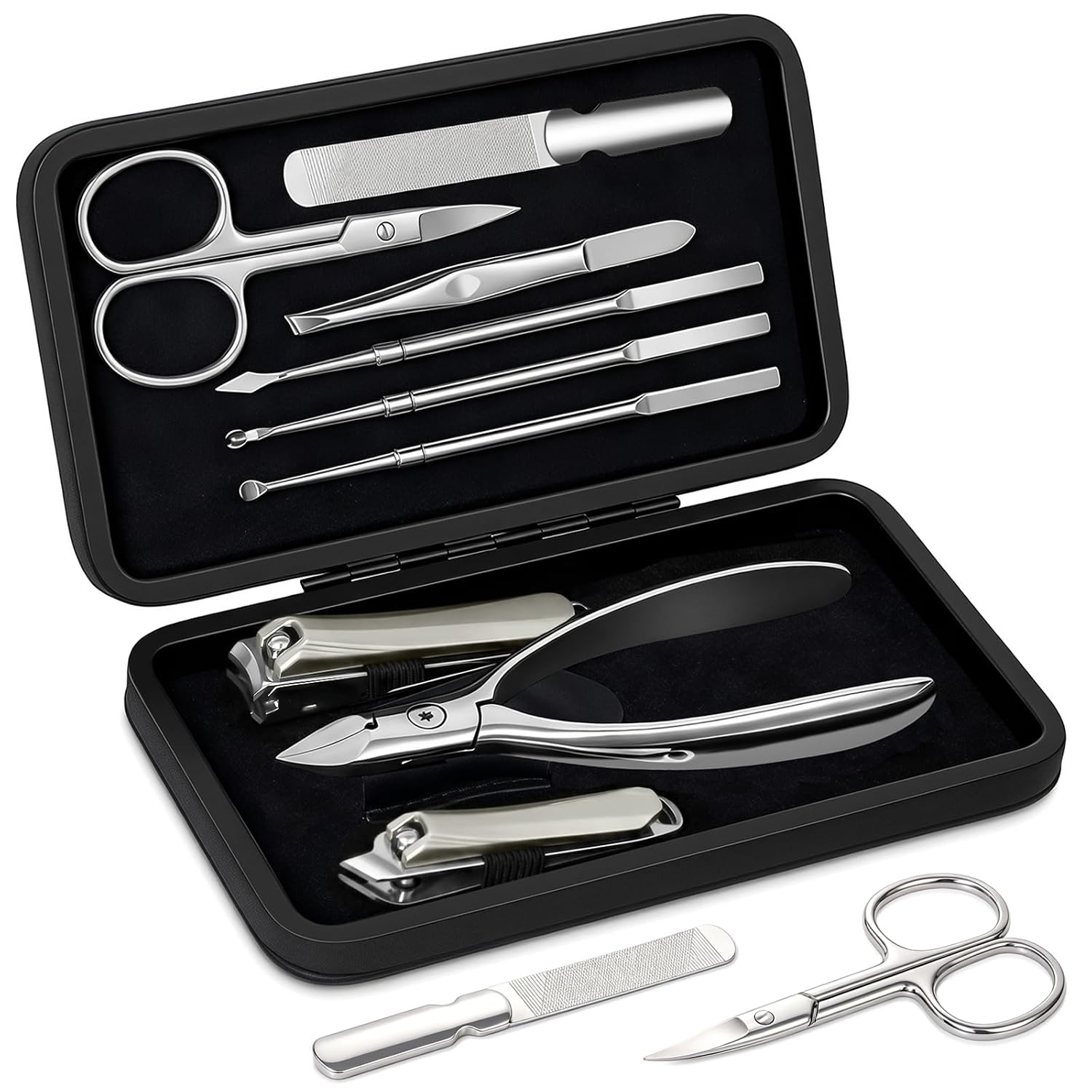 Leipple Kit de manicure profissional 9 em 1 com estojo de couro magnético, preto | Conjunto de manicure de aço inoxidável premium, conjunto de cortador de unhas portátil,…