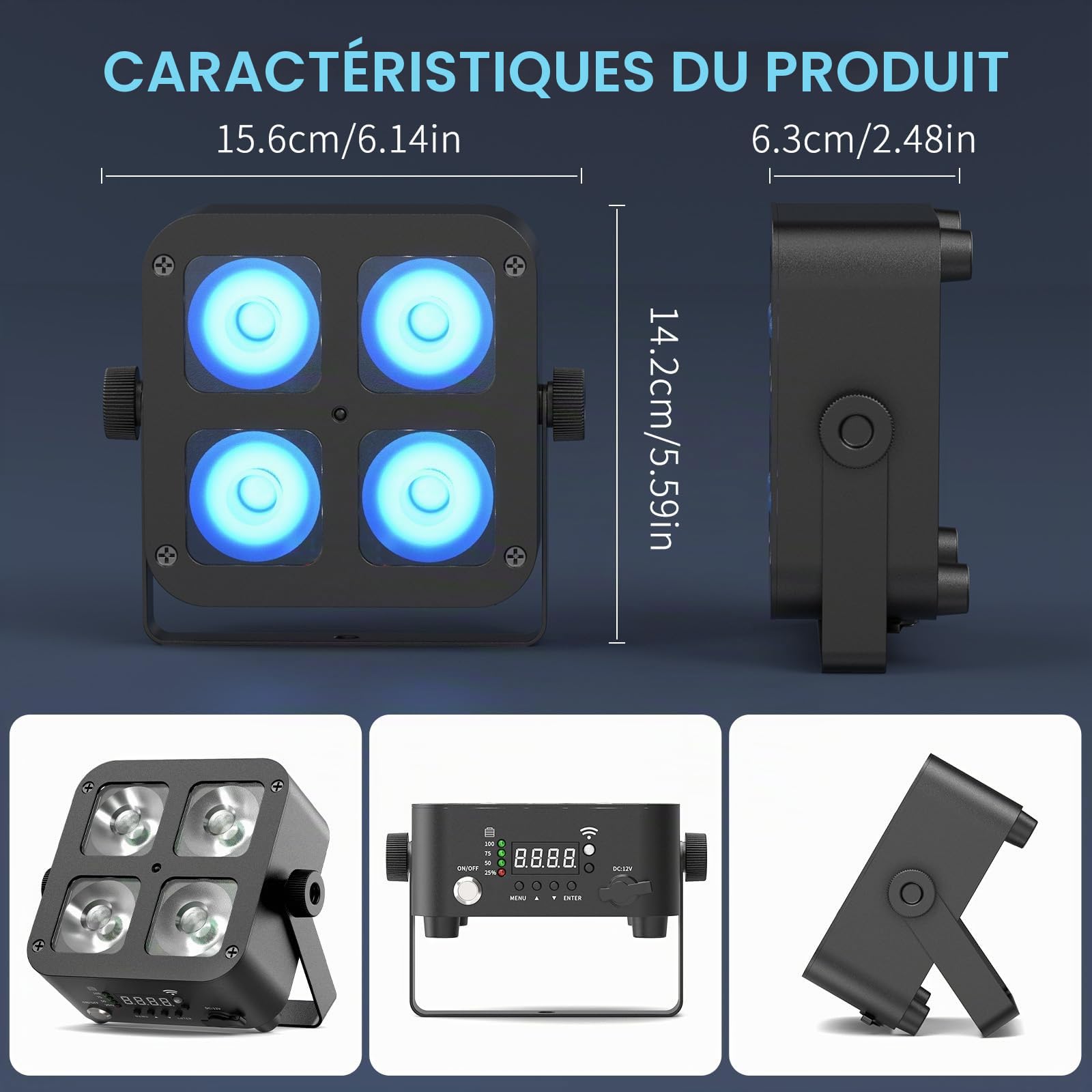 4PCS 100W LED Par Light Lumière de Scène,4 en 1 RGBWA+UV Mini DJ Fête Eclairage de Scène avec Télécommande/DMX/APP,Projecteur Recargable Lampe pour Disco Fête DJ Bar Concerts Halloween Noël