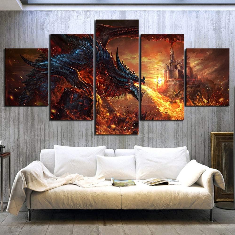 TYUPS 5 Piece Fantasy Art Paintings Fire Dragon Poster World of Warcraft Game Poster Pictures Canvas Paintings Wall Art for Home Decor