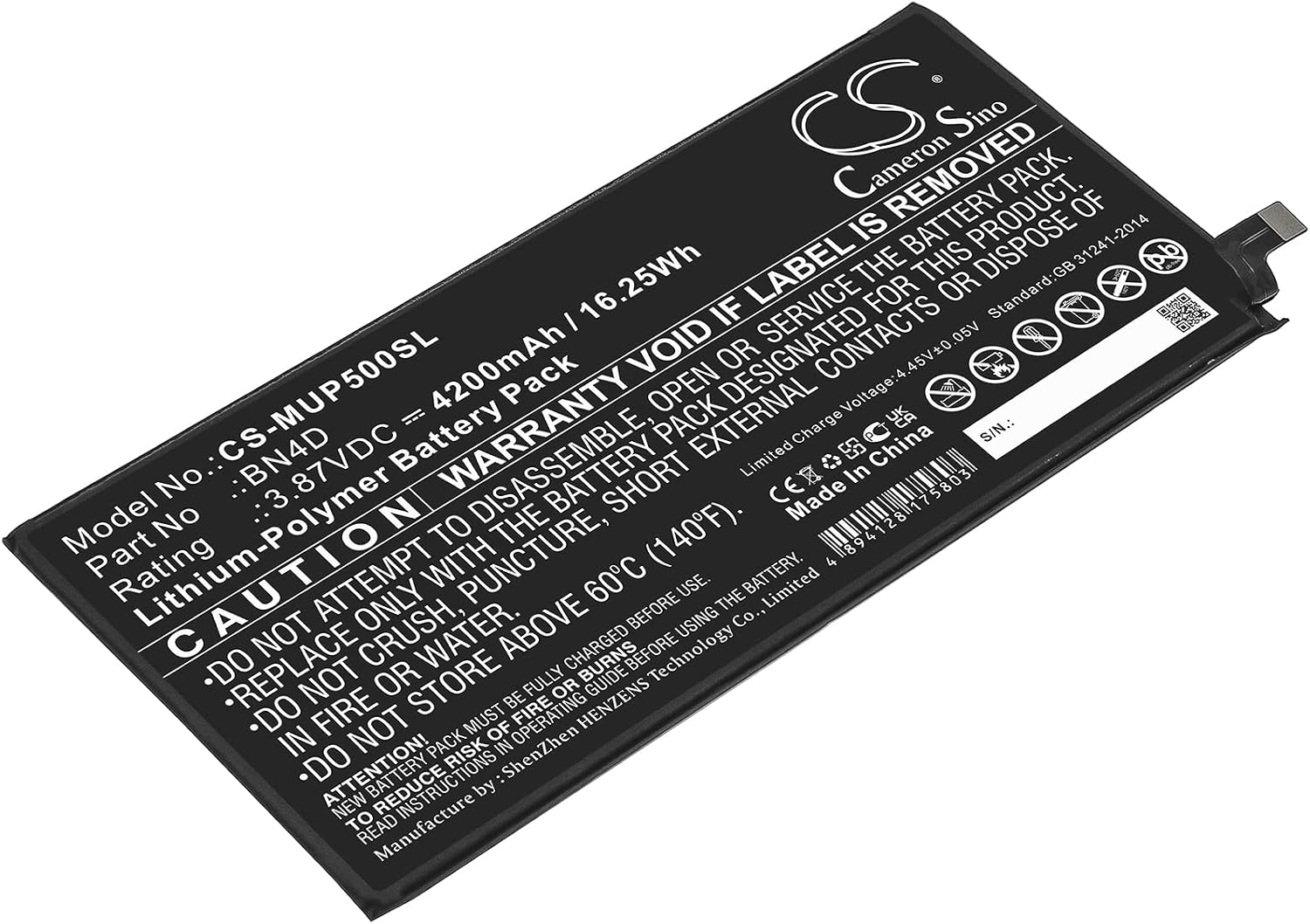 Cameron Sino Battery for Xiaomi Mi Pad 5 Pro, MI Pad 5 Pro 5G, Pad 5 Pro, Pad 5 Pro 5G PN:Xiaomi BN4D 4200mAh / 36.54Wh