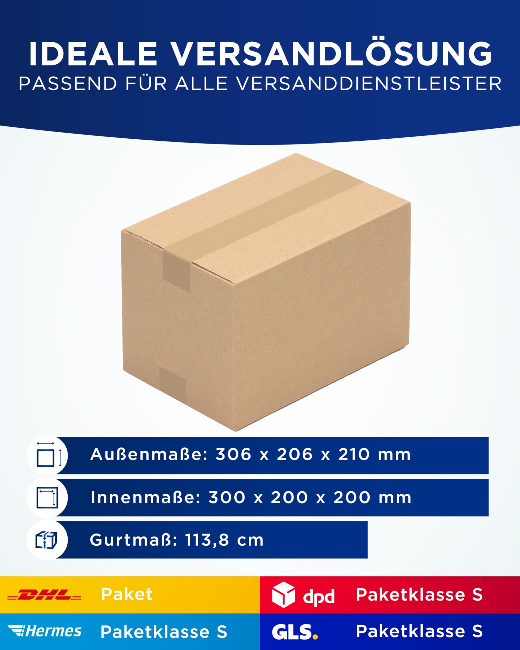 KK Verpackungen Versandkartons 300 x 200 x 200 mm Braun 1-wellig (Außenmaß 306 x 206 x 210 mm) | 150 Stück, Faltkartons Kartons geeignet für Versand als DHL Paket DPD Hermes GLS Paketklasse S (KK19)