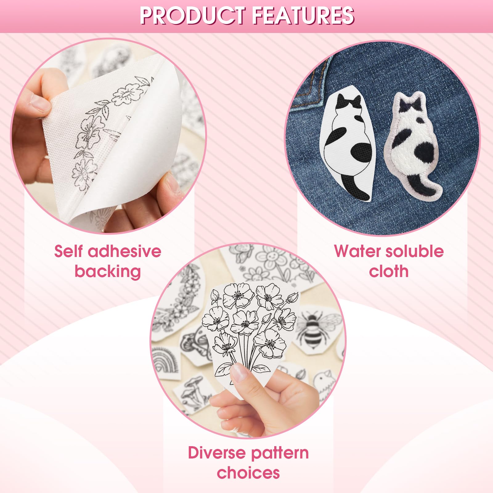 116Pcs Water Soluble Embroidery Stabilizer Stickers - 3 A4 Sheets With Flower & Letter Patterns, For Hand Sewing