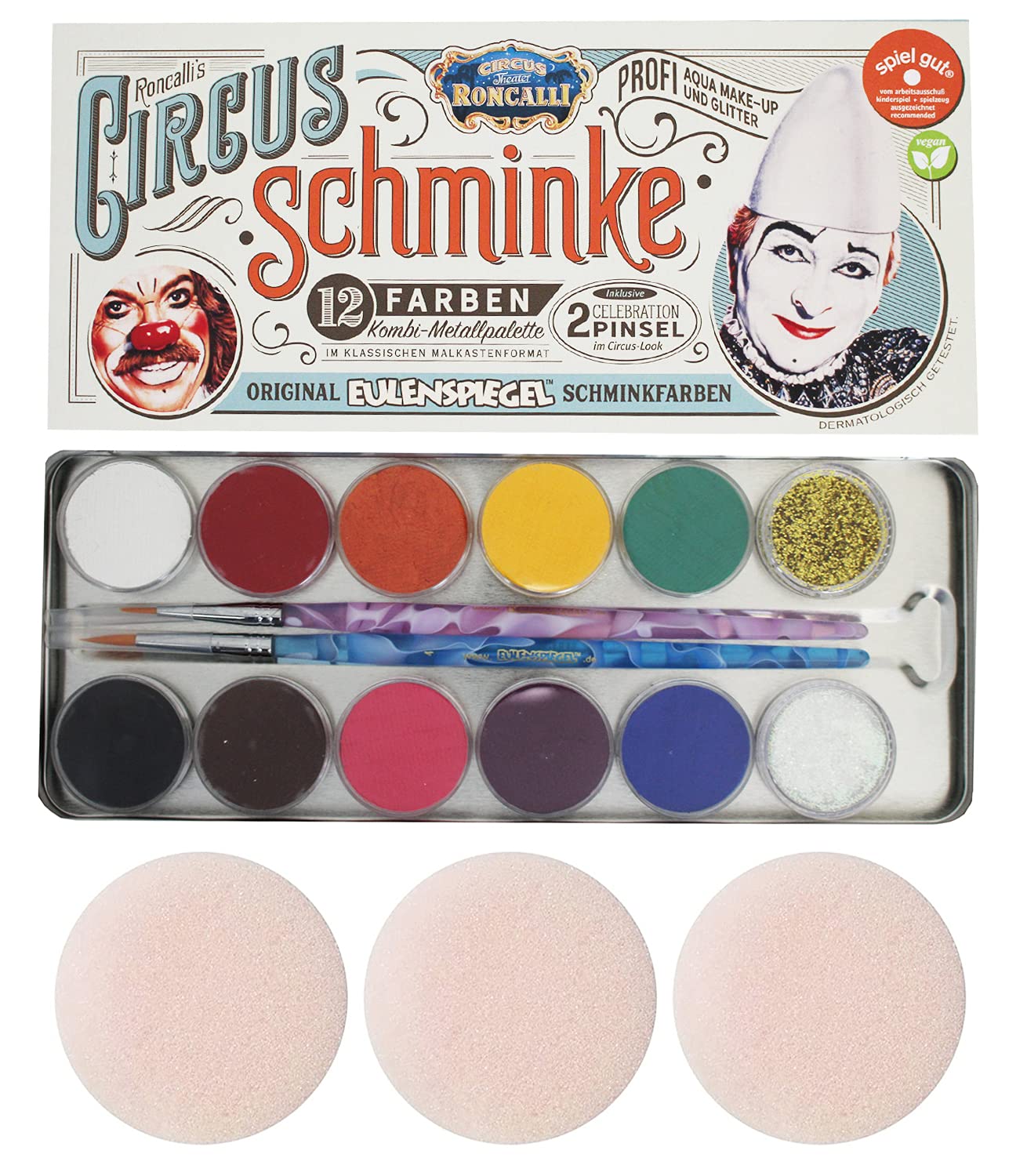 Eulenspiegel 212288 - Metall-Palette Circus Roncalli, 10 x 5 g Farben, 1 Glitter Classic Gold, 1 Glitter Perlmutt, 2 Celebration-Pinsel, 3 Schwämme