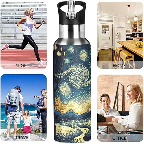 Miniatura 5 de Botella de agua vintage de Van Gogh Starry Night con aislamiento de agua de acero inoxidable a prueba de fugas, hervidor de boca ancha con tapa de