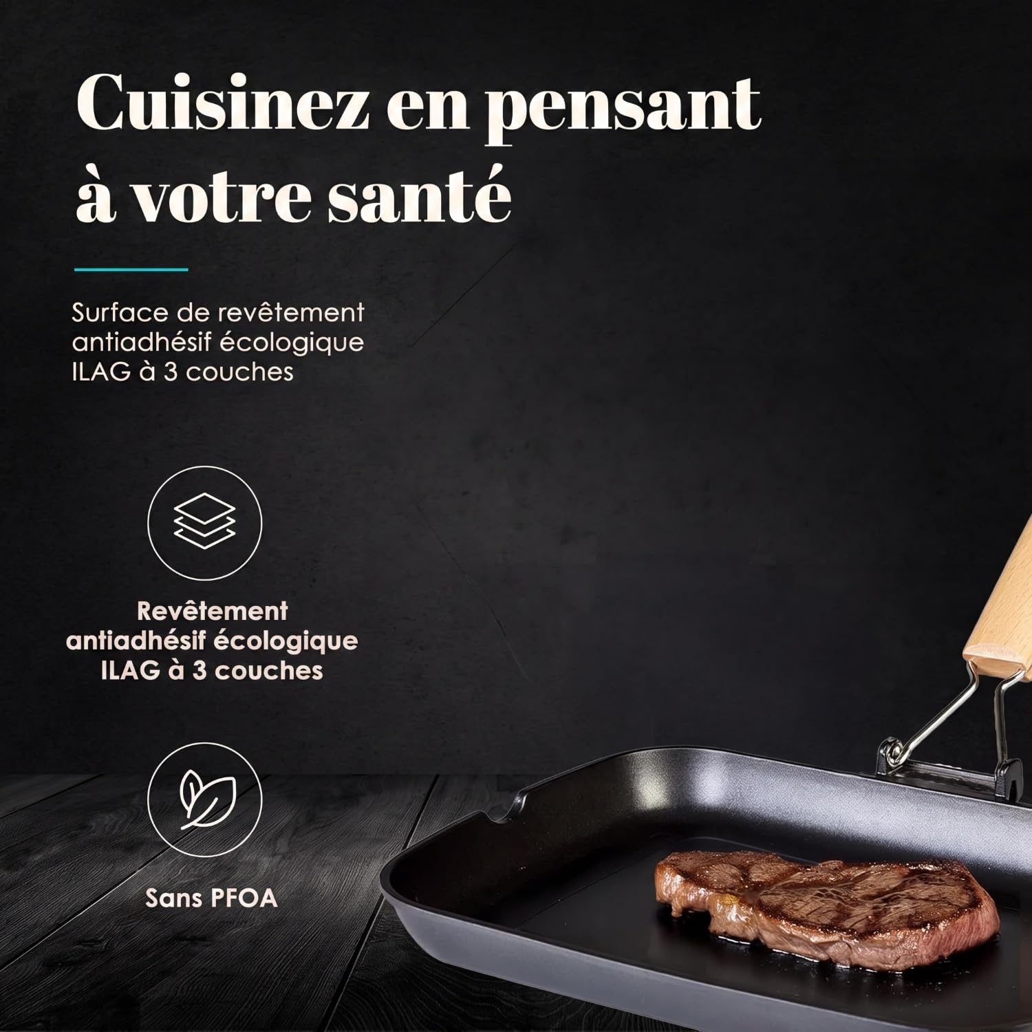 WECOOK! Ecostone Poêle à Griller Induction Lisse, 34 x 24 cm, Antiadhésive ILAG Écologique sans PFOA, Fonte d'Aluminium, Épaisseur 5 mm, Poignée en Bois Pliable, Vitrocéramique, Gaz