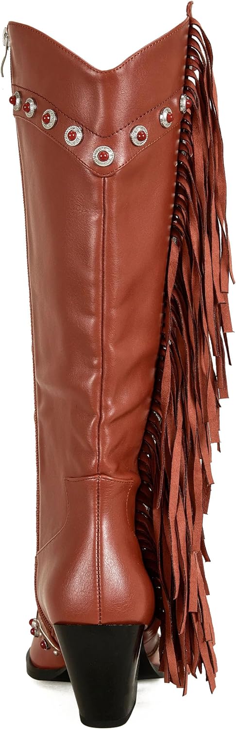 Fringe Cowboy Boots for Women Steel Toe Cowgirl Boots with Studs Chunky Heel Knee High Boot Zipper Beaded Country Western Shoes