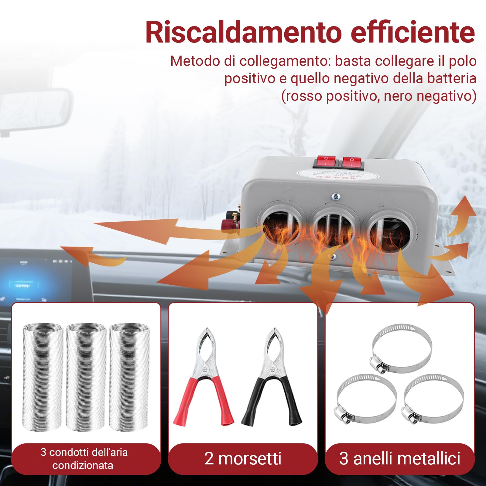 Riscaldatore per auto, riscaldatore per auto compatto da 600 W‑800 W 12 V, riscaldatore per riscaldamento rapido invernale a 3 fori antiappannamento per rimuovere il gelo