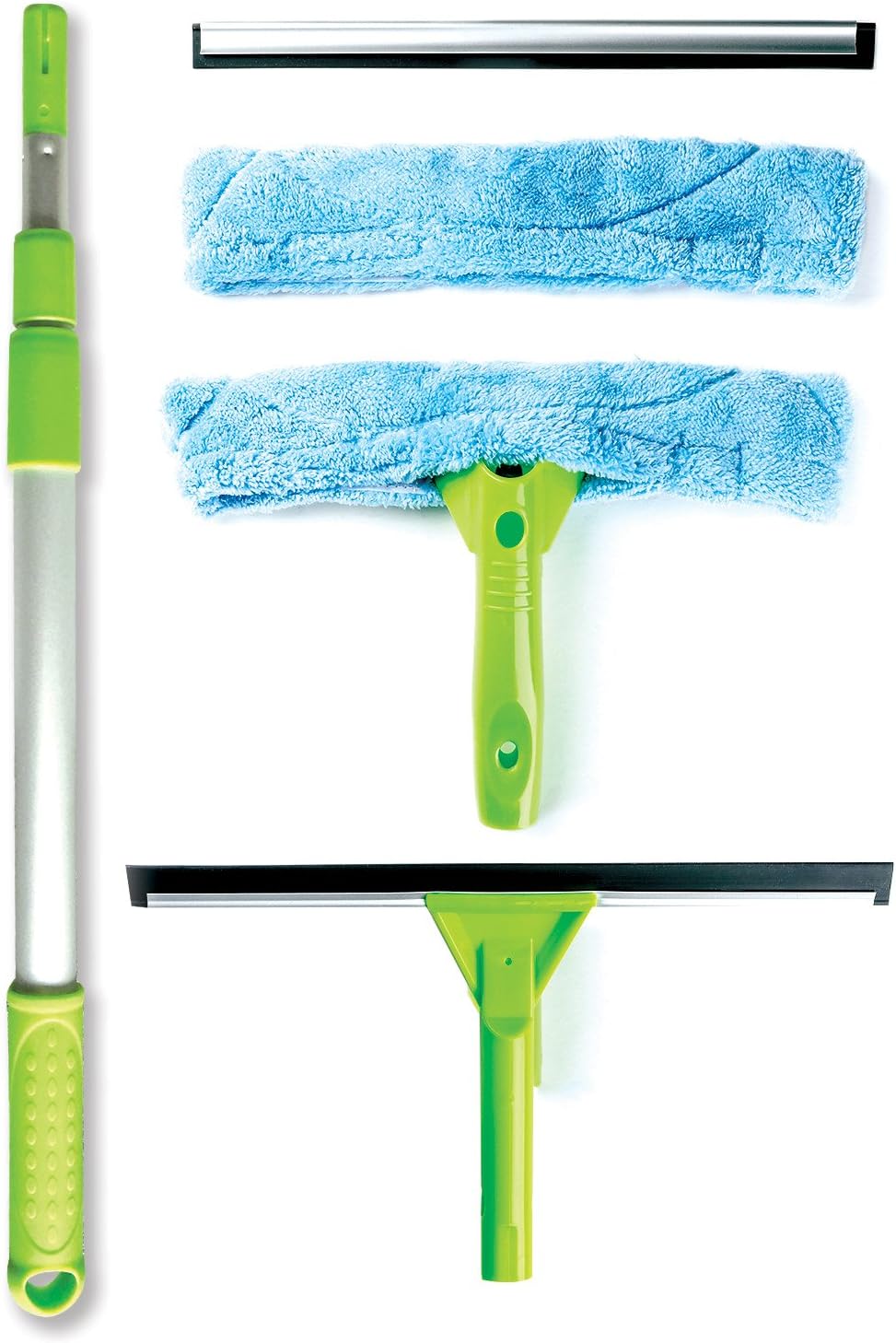 Telescopic Window Cleaning Kit with Super Squeegee and 3 Section Aluminum Extension Pole, Light Weight All-In-One 5 Piece Set - Microfiber Glass Washer (2), Soft Rubber Strip (2), Best for Windows