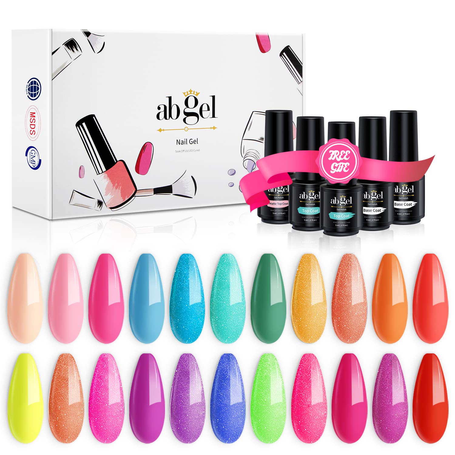 ABGEL Glitter Gel Nail Polish, 22 Shades Neon Nail Polish,Green Purple Red Neon Gel Nail Polish Kit with Base Coat and Top Coat Nail Polish