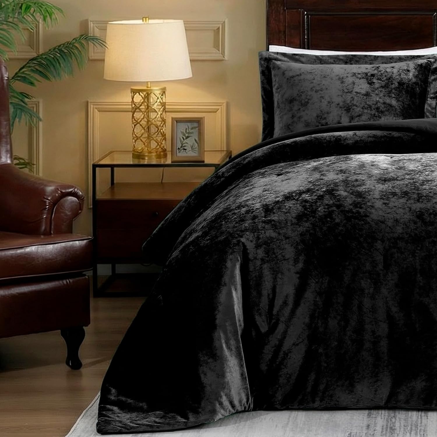 TAMGHO Crushed Velvet Comforter, Black Queen Comforter Set, Luxury Soft Velvet Bedding Set for All Seasons, 3pc Black Bed Set Queen, 1 Comforter (92"x96") and 2 Pillow Shams (20"x26"+2")