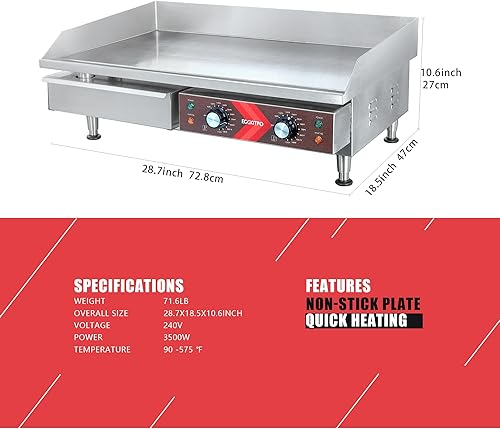 Miniatura 5 de EGGKITPO Plancha eléctrica comercial antiadherente de 29 pulgadas, temperatura ajustable de 90  a 575  240 V 3500 W y 6 sartenes de 2.5 pulgadas de