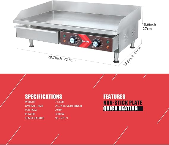 EGGKITPO 240V Commercial Electric Griddle 29 Inch Large Countertop Griddle 3500W Non-Stick Flat Top Grill Stainless Steel Teppanyaki Griddle with Adjustable Temperature 90F-575F for Restaurant Use