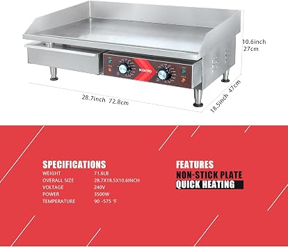 EGGKITPO 240V Commercial Electric Griddle 29 Inch Large Countertop Griddle 3500W Non-Stick Flat Top Grill Stainless Steel Teppanyaki Griddle with Adjustable Temperature 90F-575F for Restaurant Use