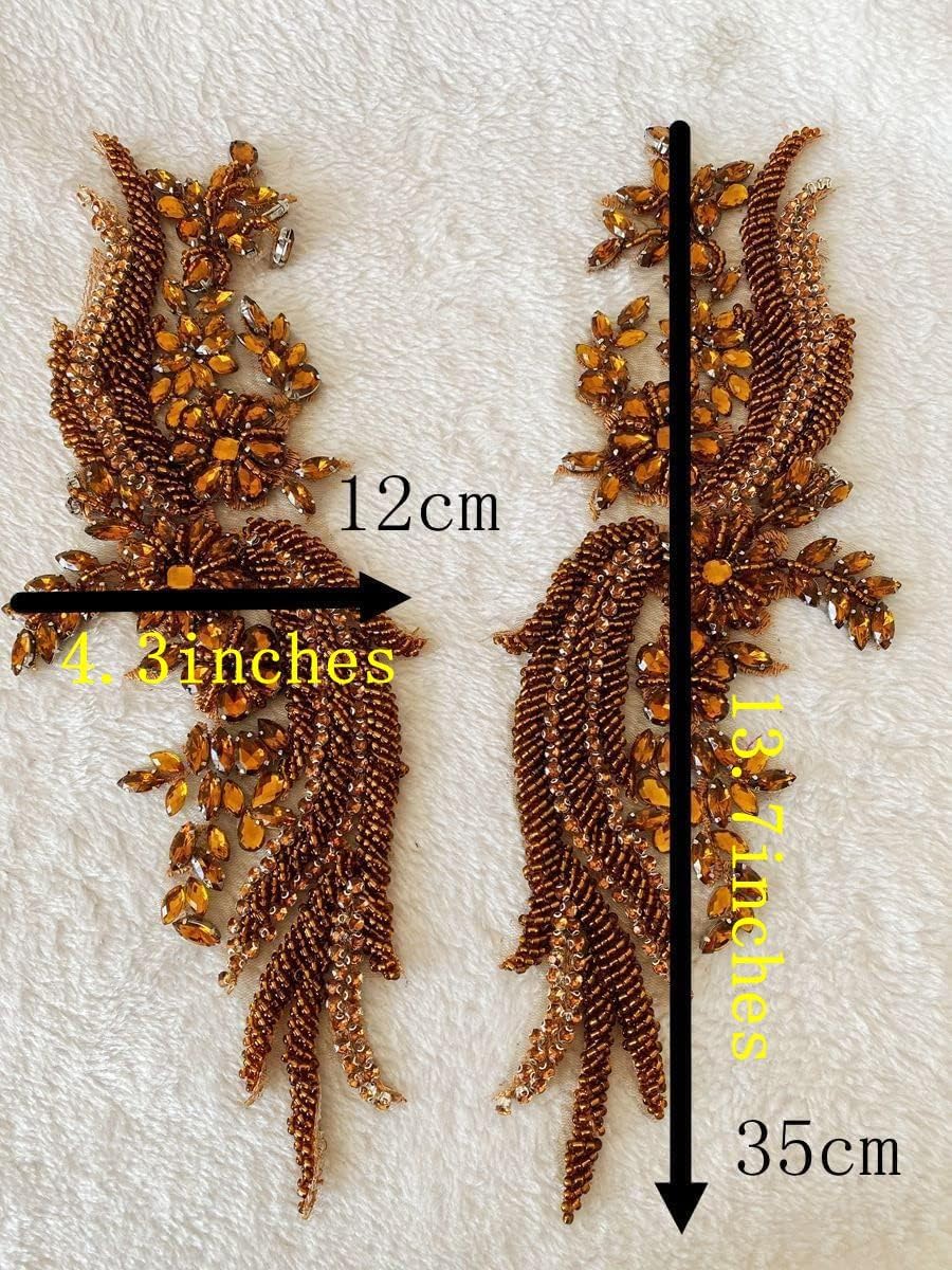 1 Pair Handmade Beaded Crystal Patches Bodice Lace DIY Applique Patches Accessory for Dress Clothes 35X12cm (Black)