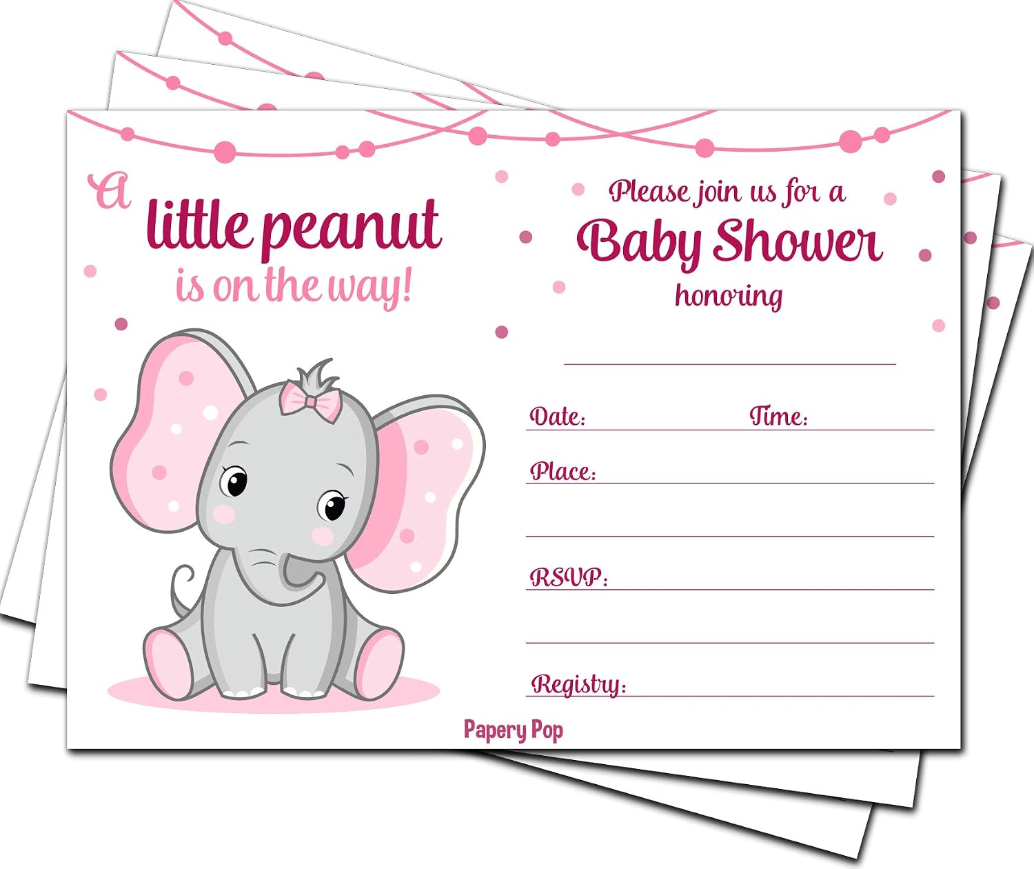 30 Baby Shower Invitations for Girl with Envelopes (30 Pack) - Elephant - Baby Girl Shower Invite Cards - Fits Perfectly with Pink Elephant Baby Shower Decorations and Supplies for Girls