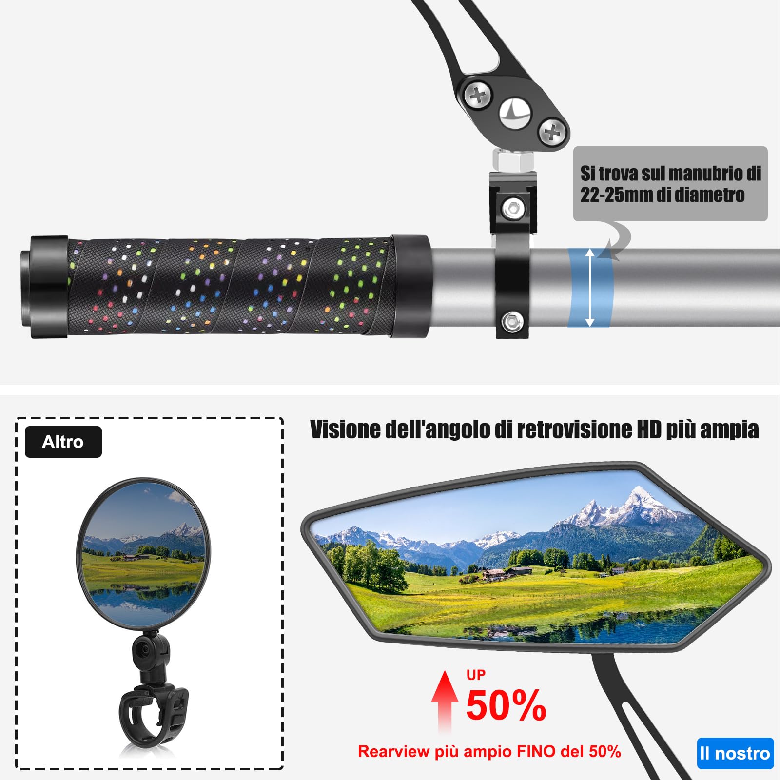 Specchietti per Bicicletta, [1 Pcs,Sinistra]Diyife Specchietto Retrovisore, Girevole a 360° Specchietto Bici,Regolabile Specchietto per Monopattino Elettrico, Moto, Bici