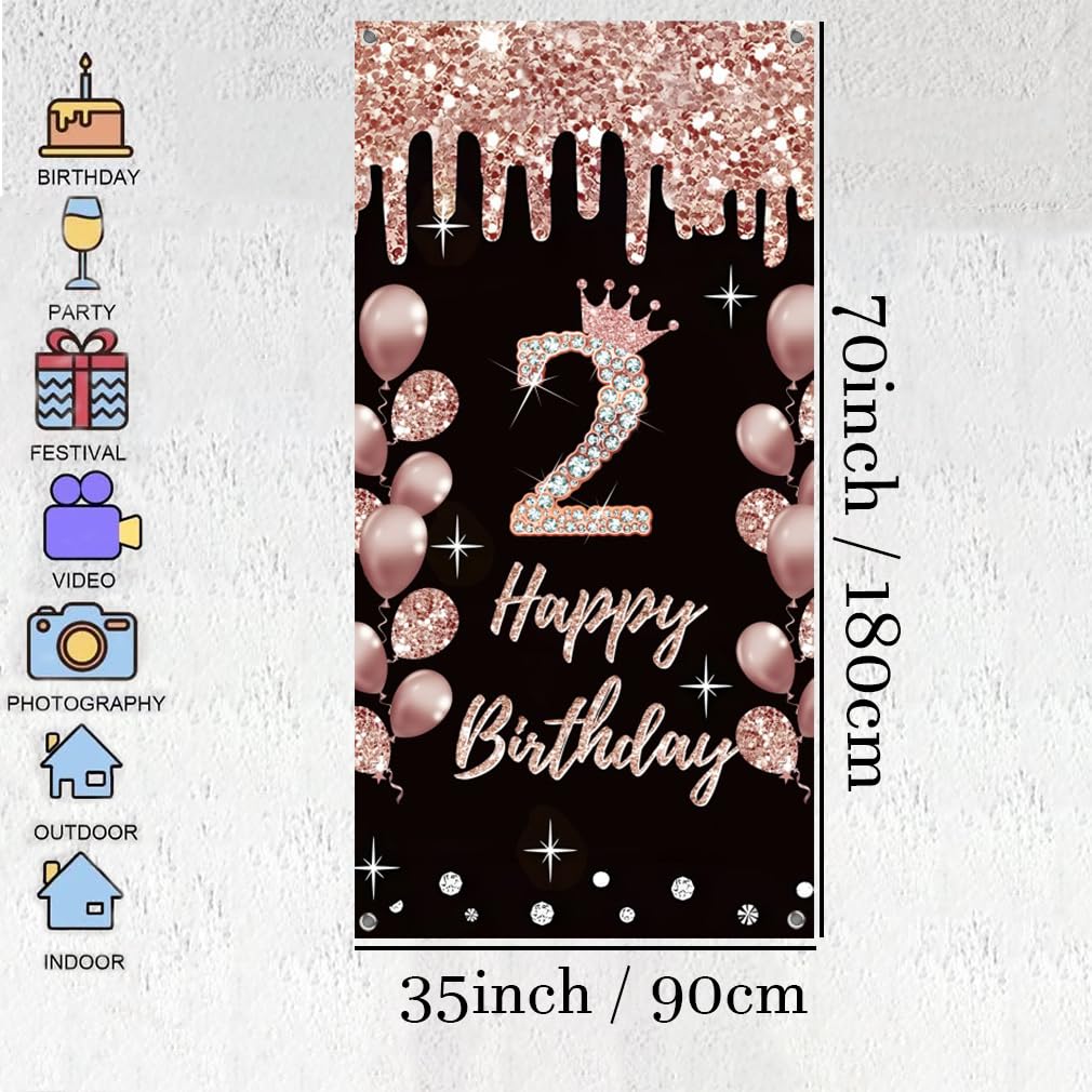 Decoración De 2º Cumpleaños De Oro Rosa Para Niña Con Pancarta De Feliz  Cumpleaños Y Globos, image size:1010x1010