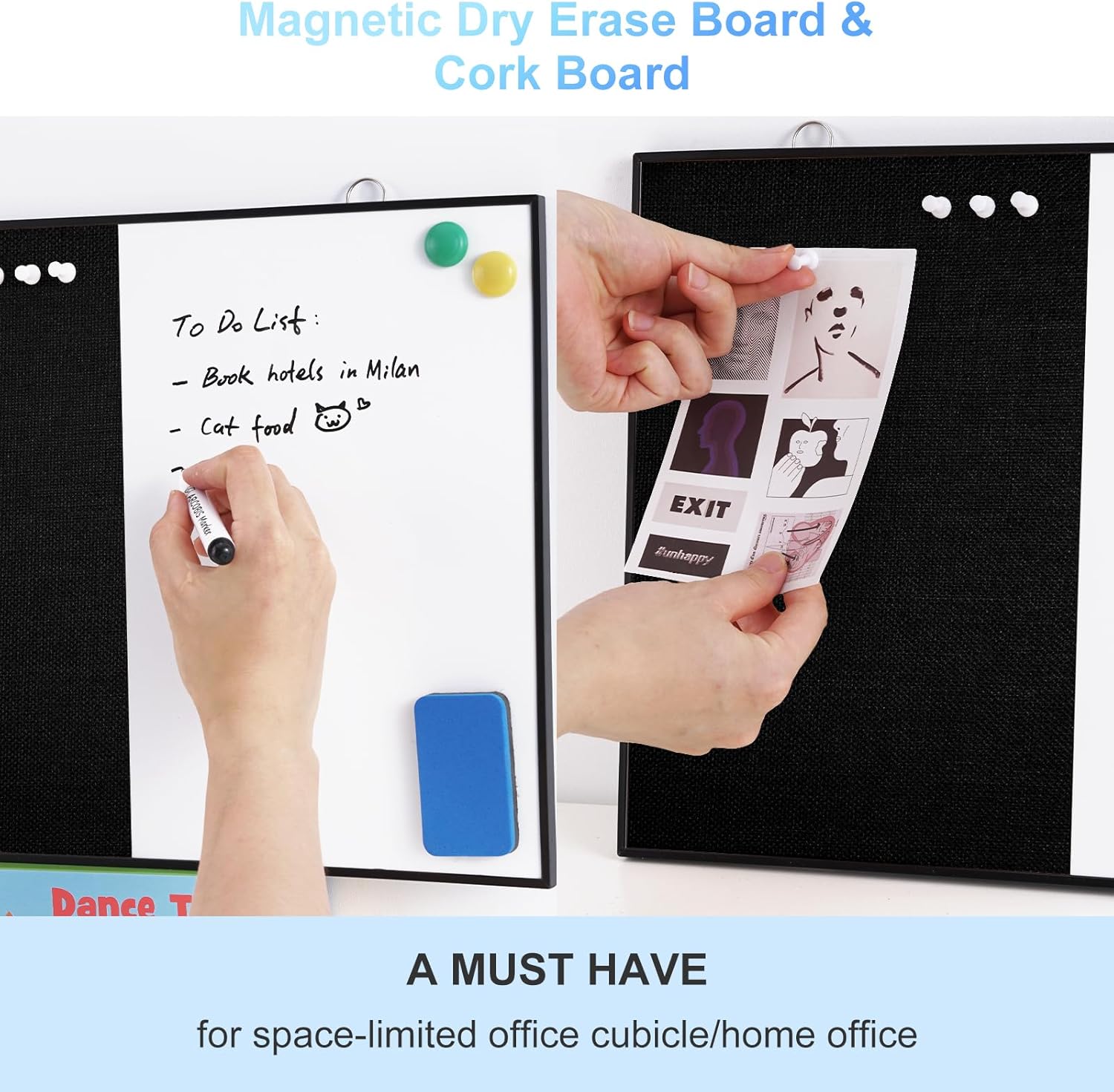 ARCOBIS Dry Erase Linen Board, 12"X16" Small Cork Board White Board Combination, Double-Sided Magnetic Bulletin Board for Wall, Vision Board for Home, Office, School, Black