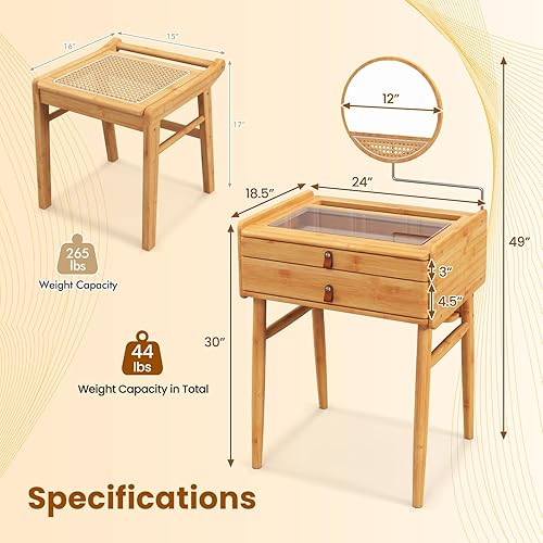 Miniatura 7 de Juego de tocador bohemio con espejo, mesa de tocador de maquillaje de bambú y taburete con 2 cajones de almacenamiento y mesa de vidrio templado,