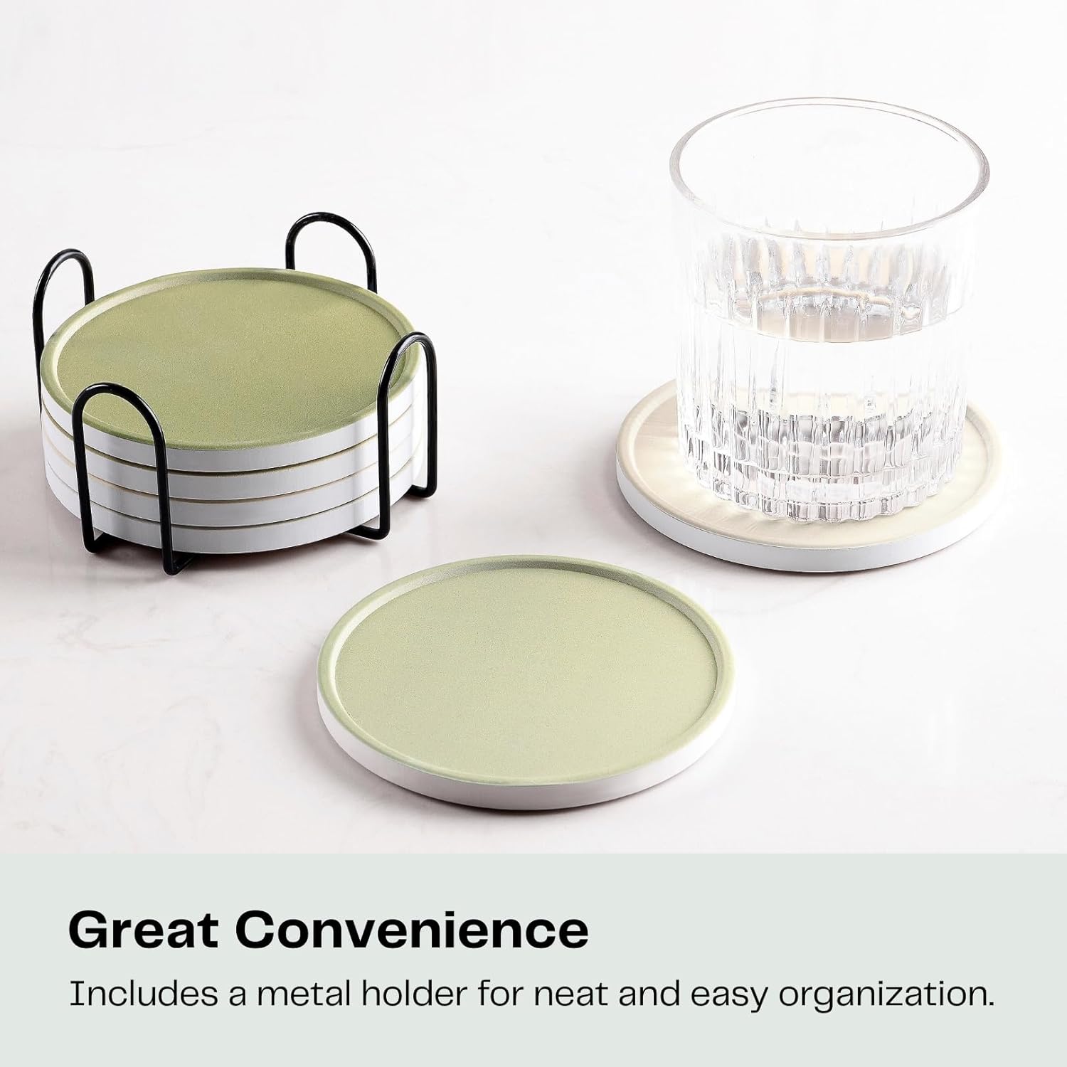 Set of 6 Beige and Green Coasters with Holder, Absorbent Ceramic Drink Coasters with Cork Backing for Table Protection, Table Decor, Housewarming Gifts - Image 5