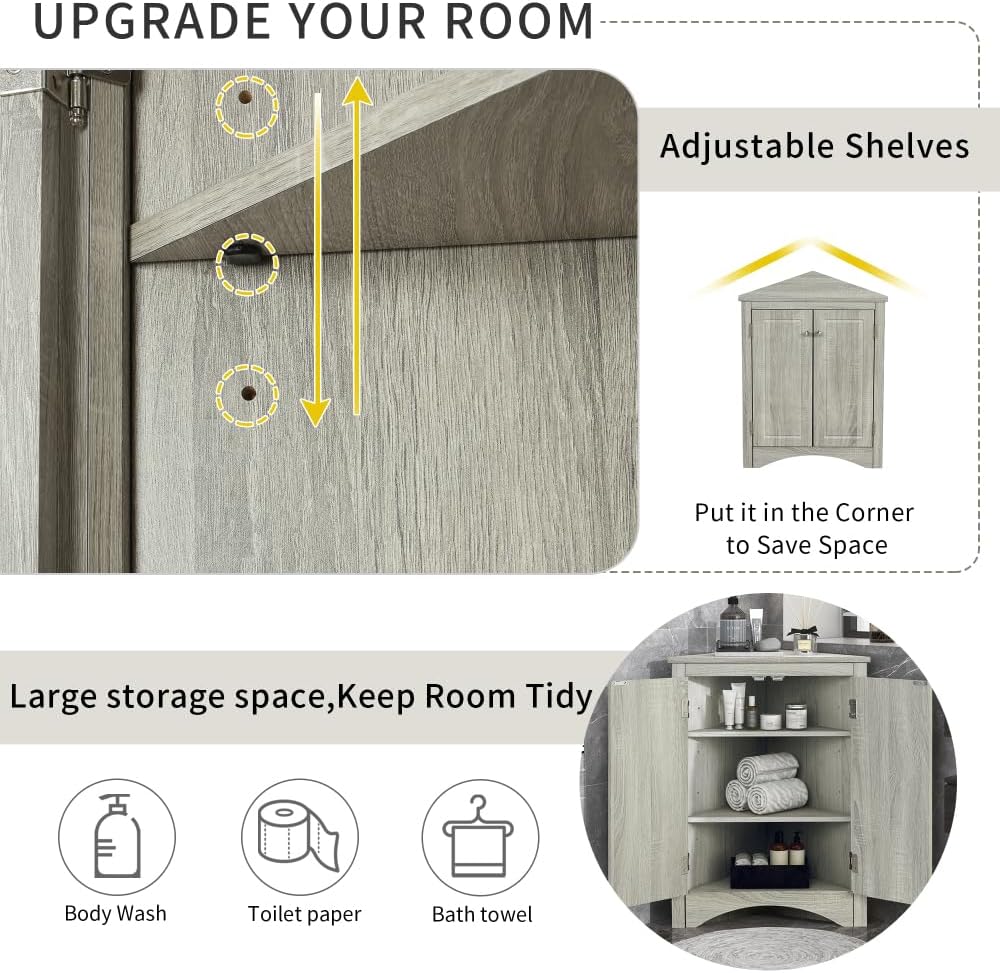 Triangle Bathroom Corner Storage Cabinet with Adjustable Shelves, Freestanding Floor Cabinet for Home Kitchen Corridor, Sturdy & Moisture-Proof (Oak)