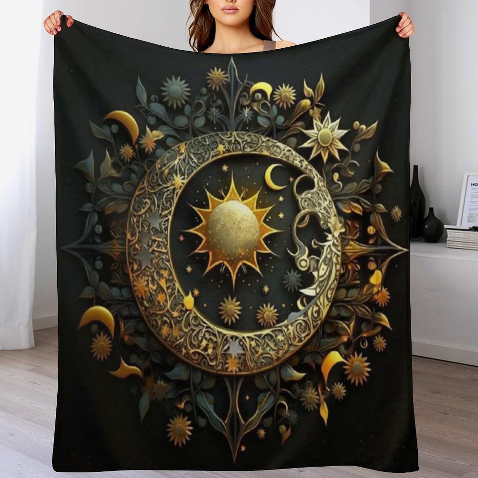 Couverture flanelle polaire 180x200cm chaude et douce motif soleil lune