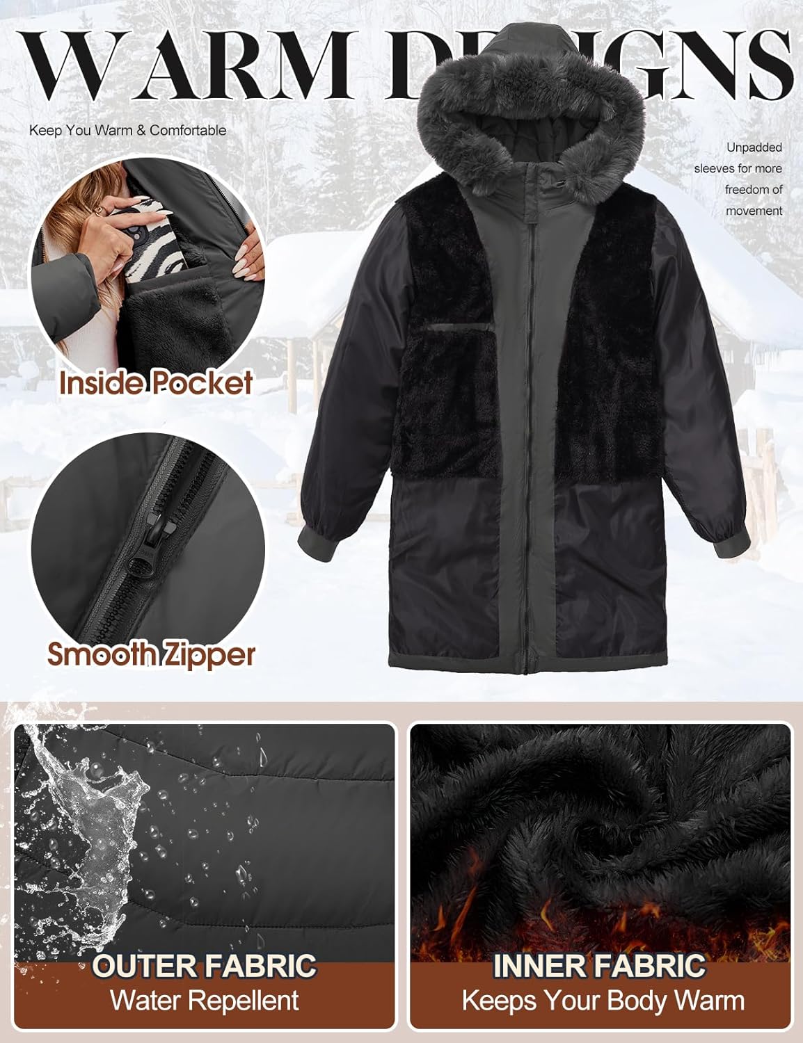 HEEKPEK Womens Winter Coats Water Repellent Thicken Warm Fleece Lined Puffer Jacket Long with Detachable Faux Fur Hood Parka - Image 6