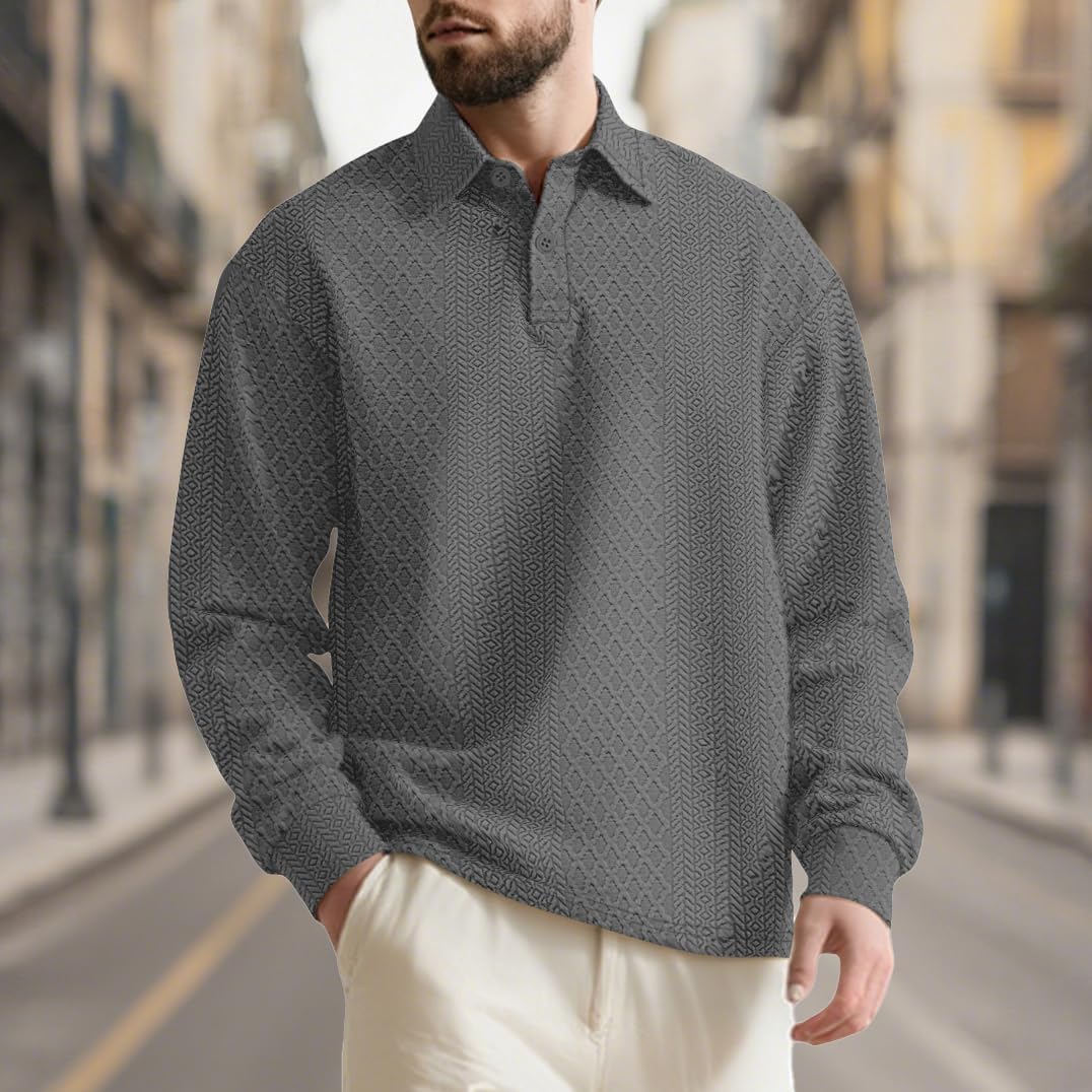 Jacquard Long Sleeve Polo Sweatshirt Mens Big and Tall Pullover Soft Comfy Fall Casual Button Hoodies - Image 2