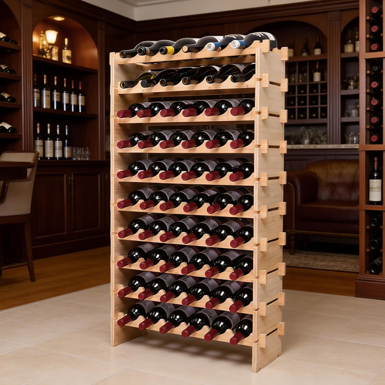 Wine Rack Cabinet Freestanding for Floor 60bottle Bamboo Wood Stackable Storage Modular Wine Holder Display Shelves