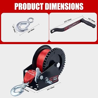 TYT 1600lb Boat Trailer Winch with 8M Red Strap, 2 Way Ratchet Hand Crank Strap Winch with Strong Hook, Heavy Duty Steel Construction Manual Gear Winch for RV Jet Ski Boat Trailer Towing Pulling Winch