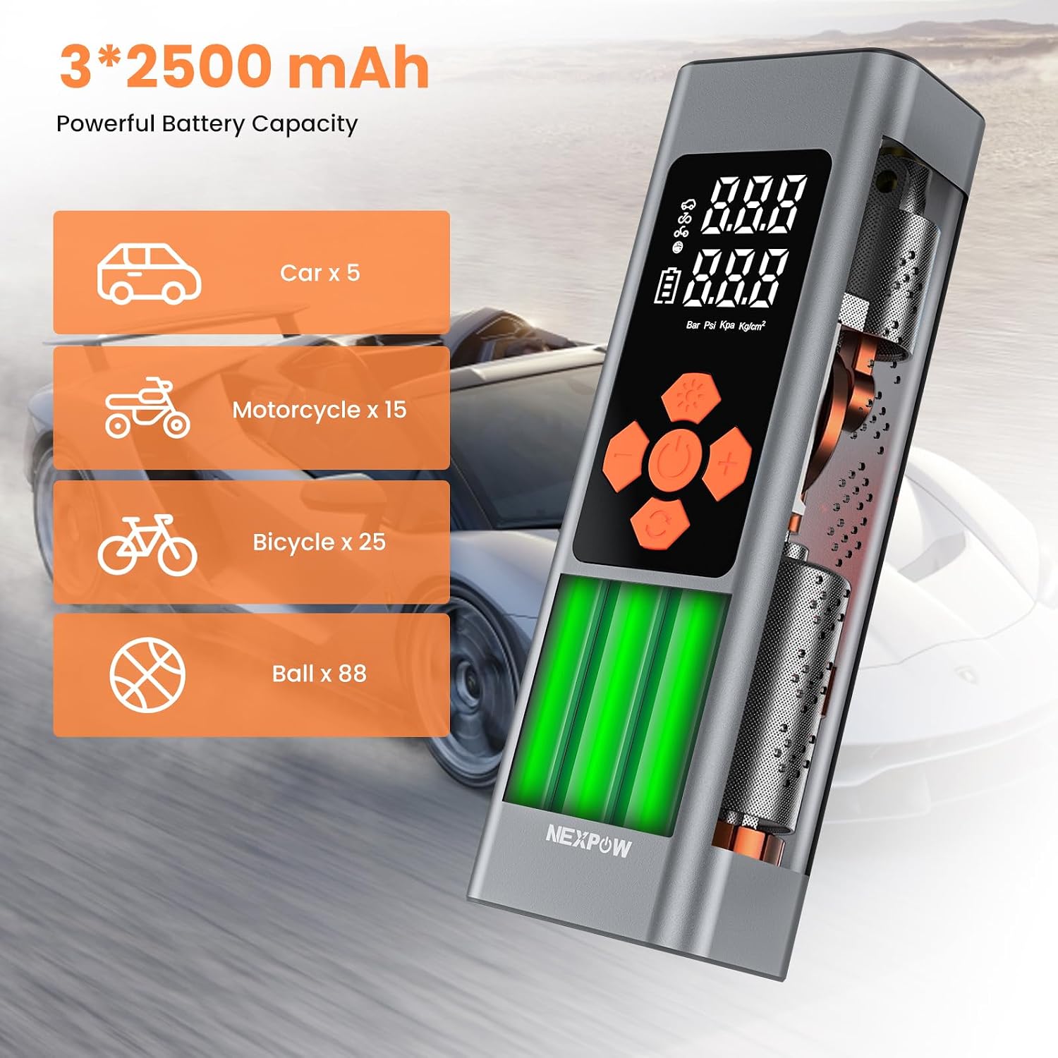 Close-up of the NEXPOW air compressor's digital screen and controls