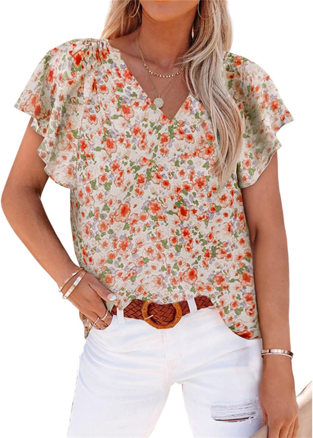 JEsilunmaMY Women's Summer Floral Ruffle Sleeve T-Shirt Casual V Neck Short Sleeve Blouse Shirts Loose Fit Tunic Boho Blouses